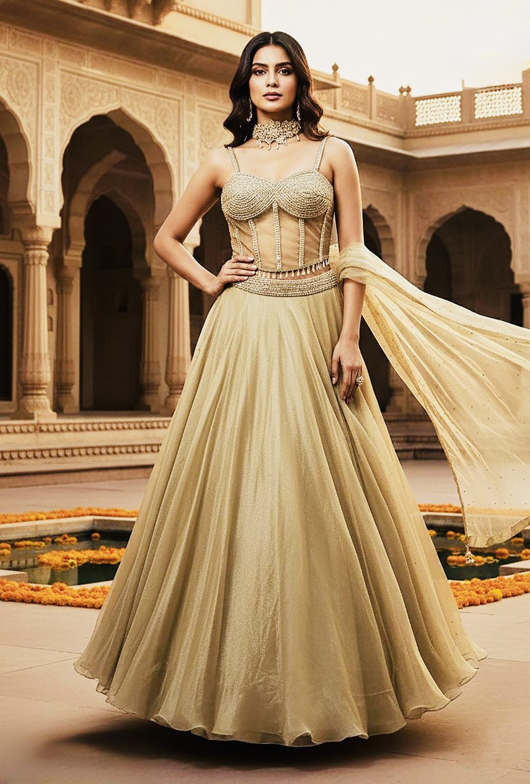 Olive Gold Corset Lehenga Set - Image 4