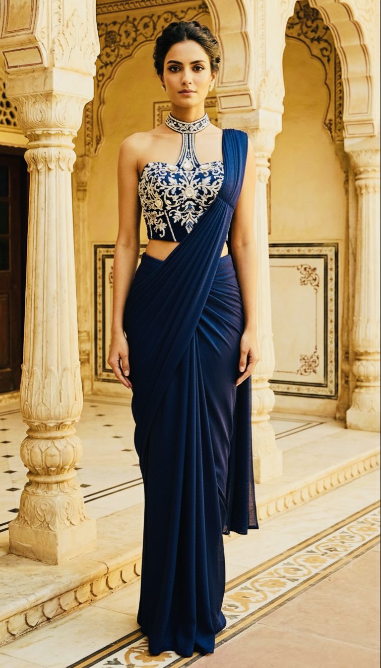 Royal Navy Embroidered Choker Saree