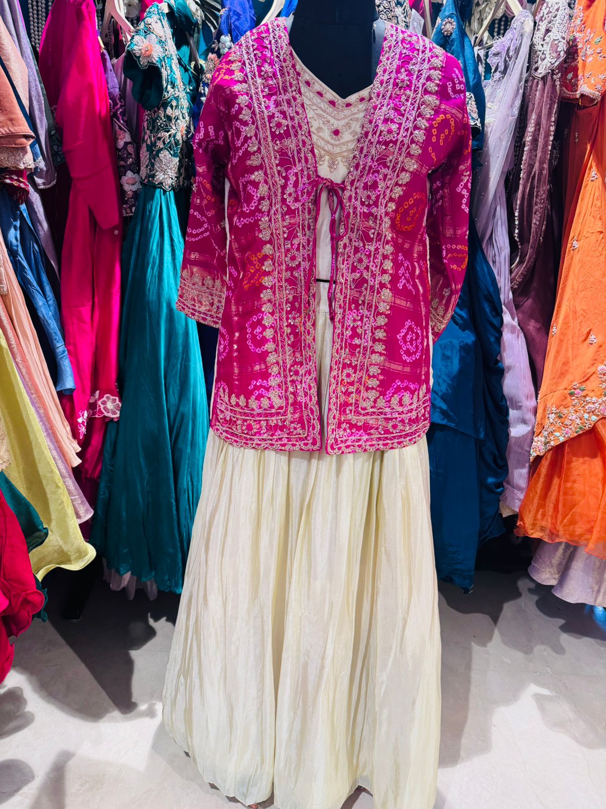 Rani Pink Bandhani Jacket Lehenga Set with Ivory Skirt - Image 5