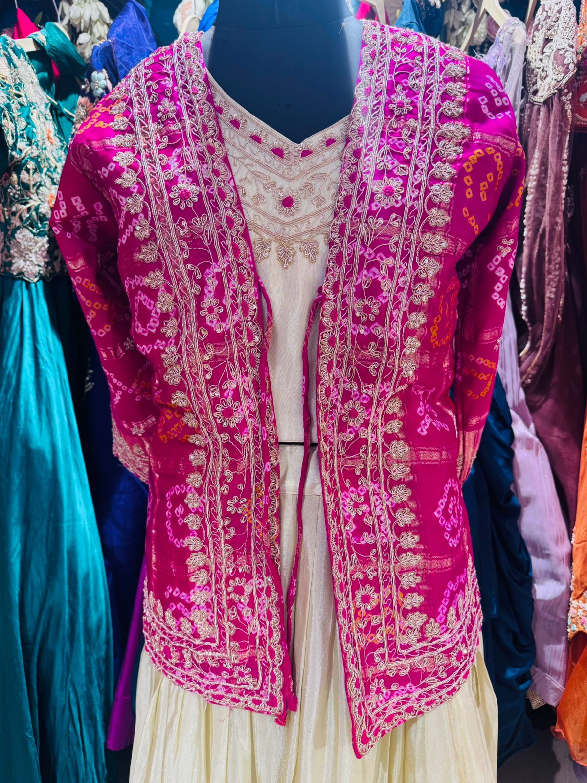 Rani Pink Bandhani Jacket Lehenga Set with Ivory Skirt - Image 6