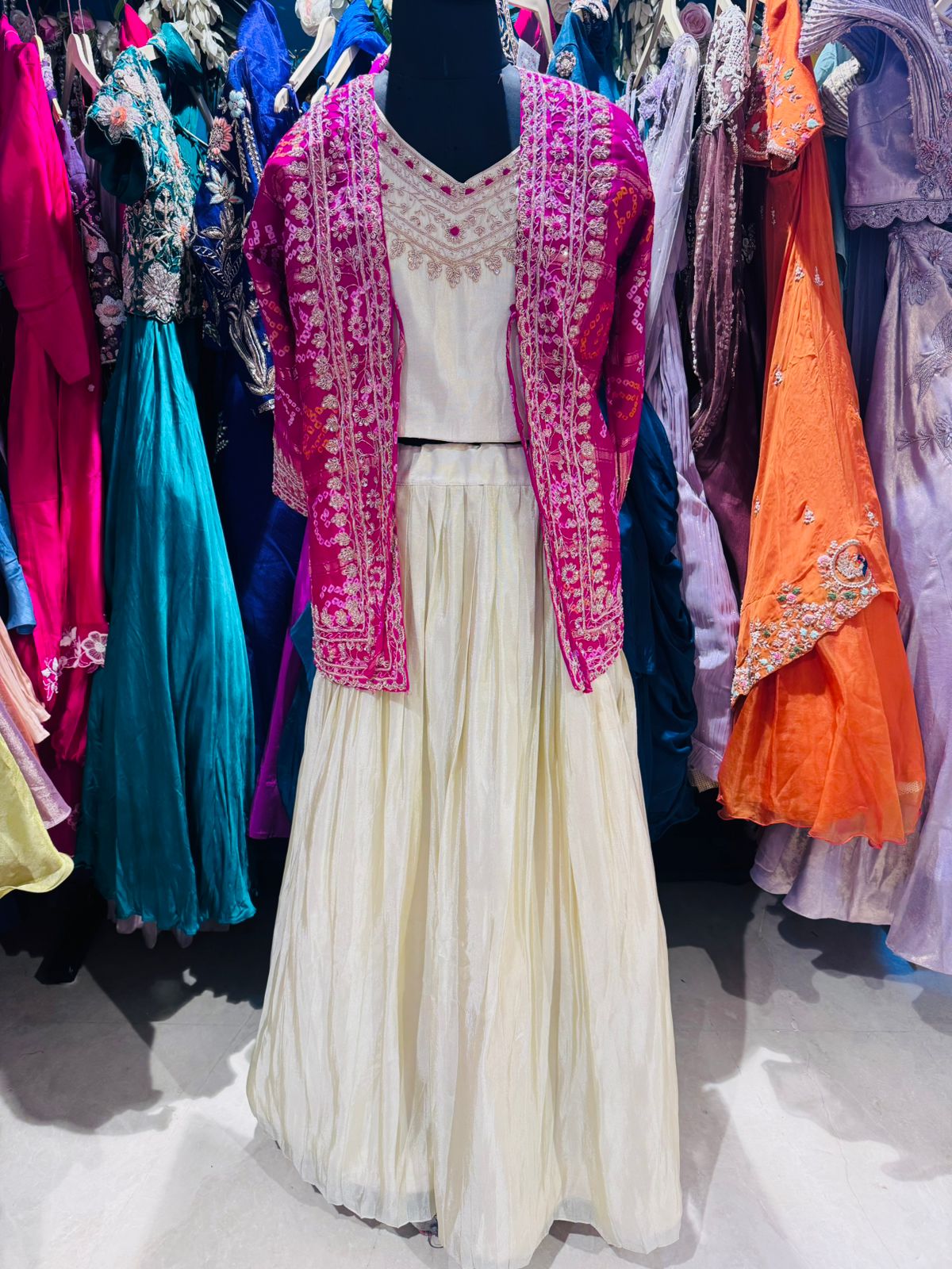 Rani Pink Bandhani Jacket Lehenga Set with Ivory Skirt - Image 4
