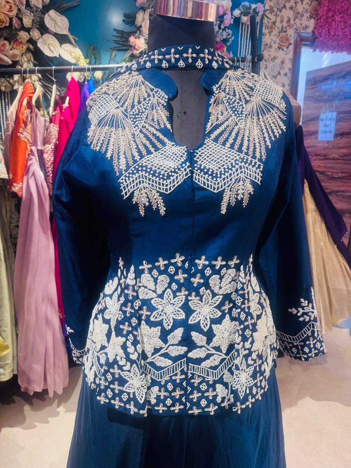 Royal Blue Hand-Embroidered Peplum Sharara Set - Image 3