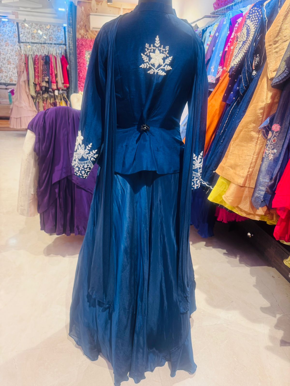 Royal Blue Hand-Embroidered Peplum Sharara Set - Image 4
