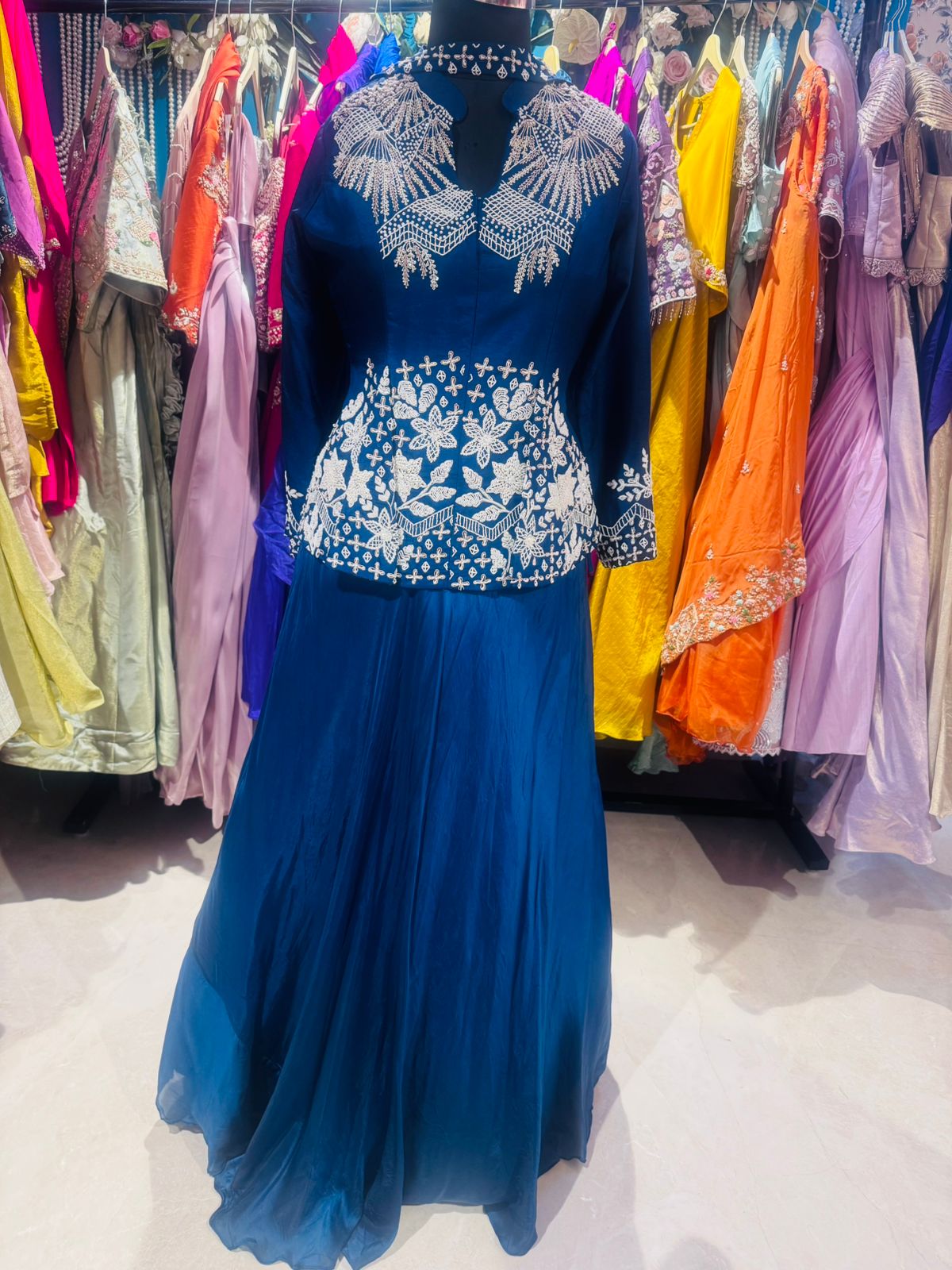 Royal Blue Hand-Embroidered Peplum Sharara Set - Image 2