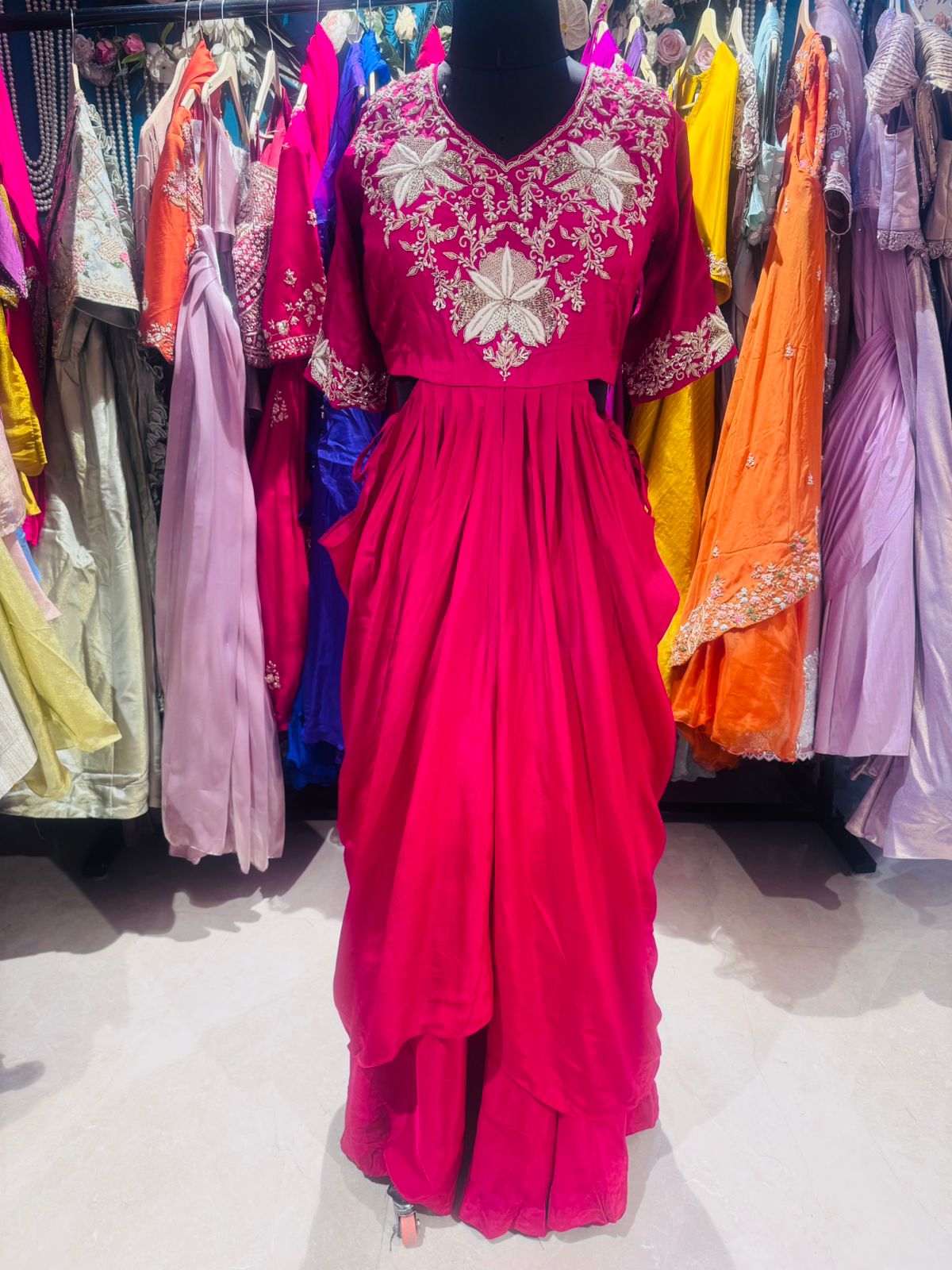 Deep Pink Hand-Embroidered Draped Gown - Image 3