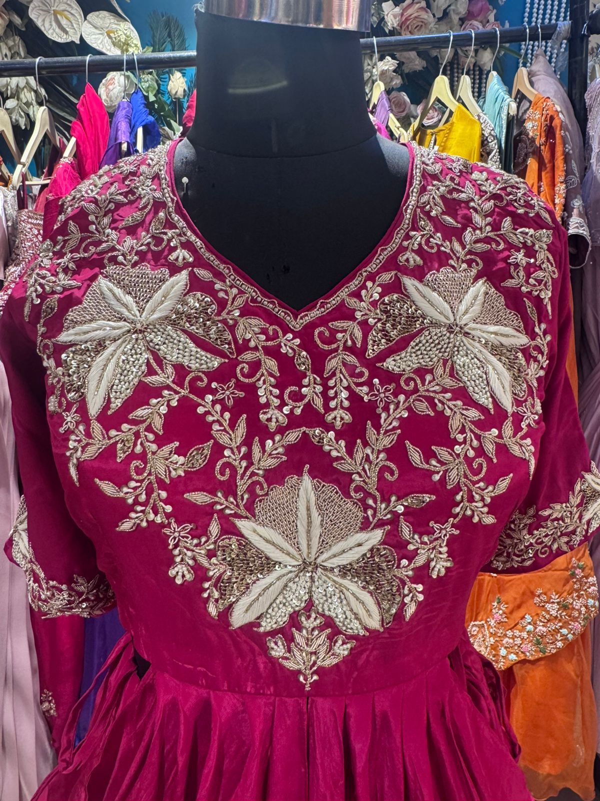 Deep Pink Hand-Embroidered Draped Gown - Image 2