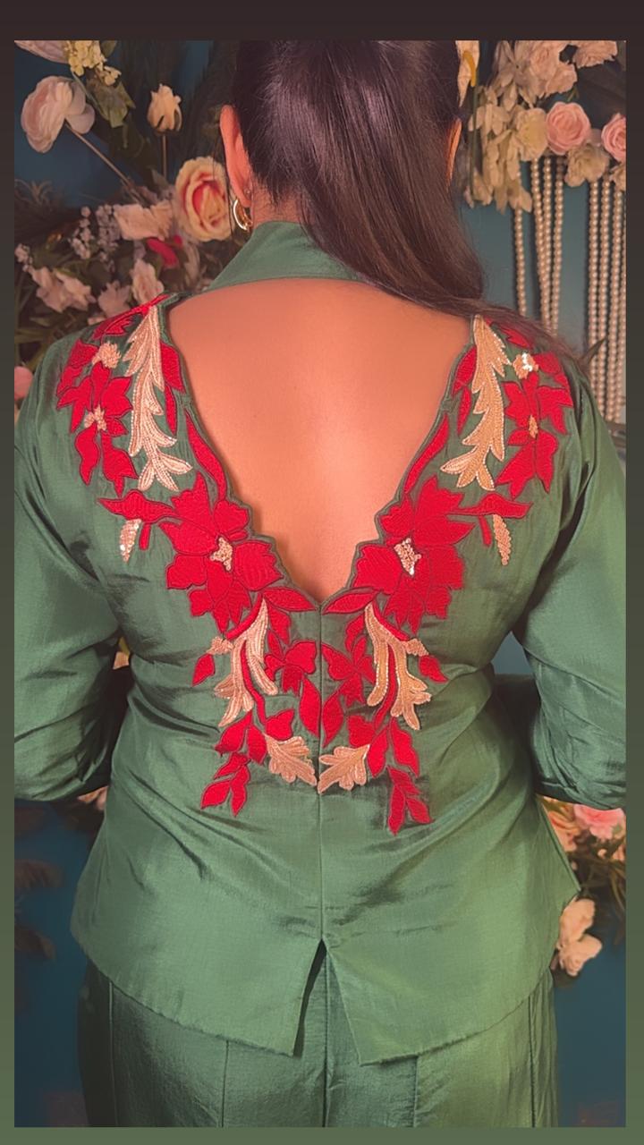 Emerald Green Hand-Embroidered Jacket Palazzo Set - Image 3