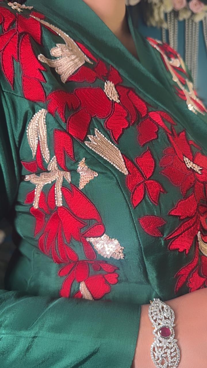 Emerald Green Hand-Embroidered Jacket Palazzo Set - Image 2