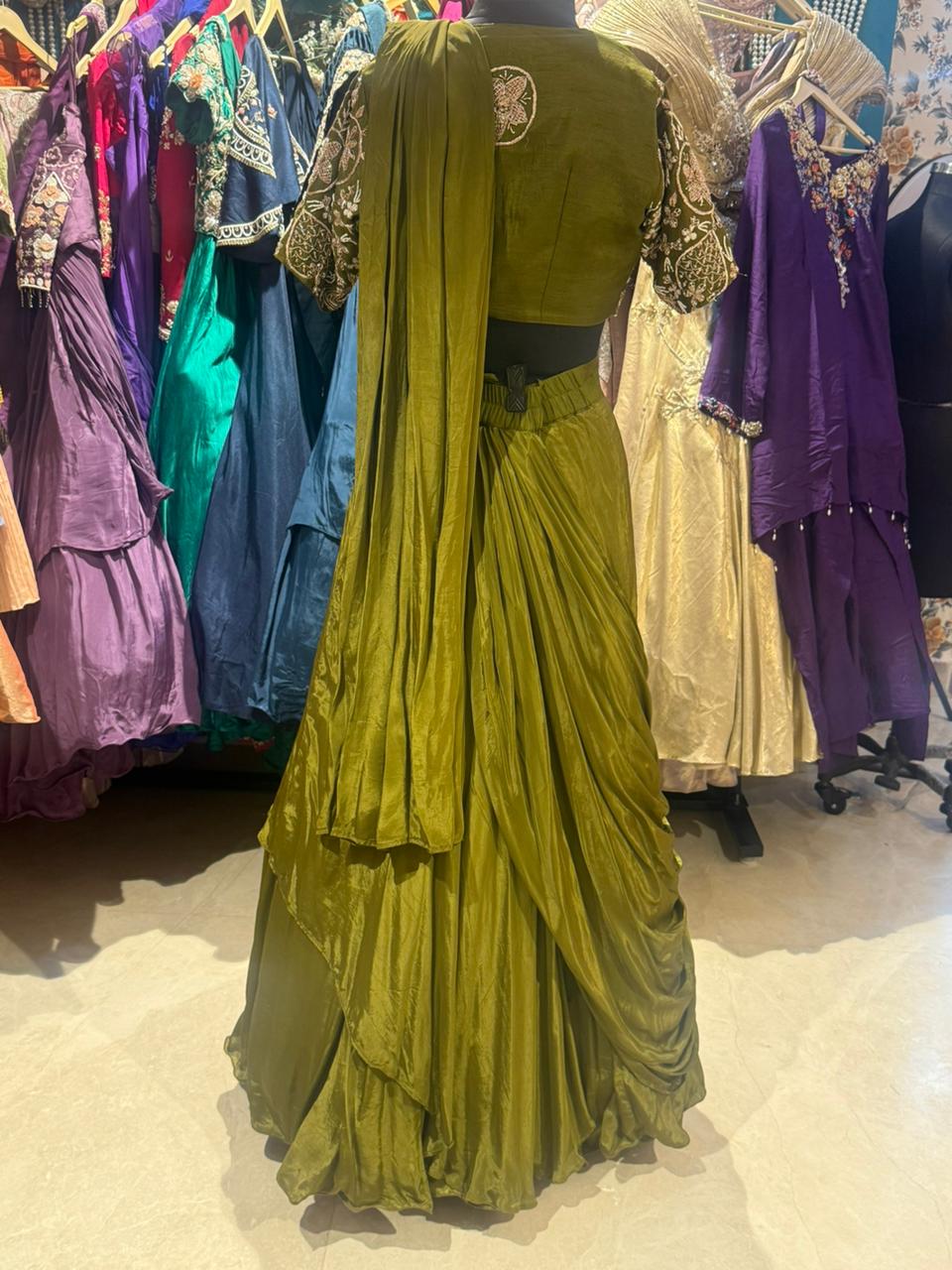 Hand Embroidered Olive Green Lehenga Set with Dupatta - Image 3