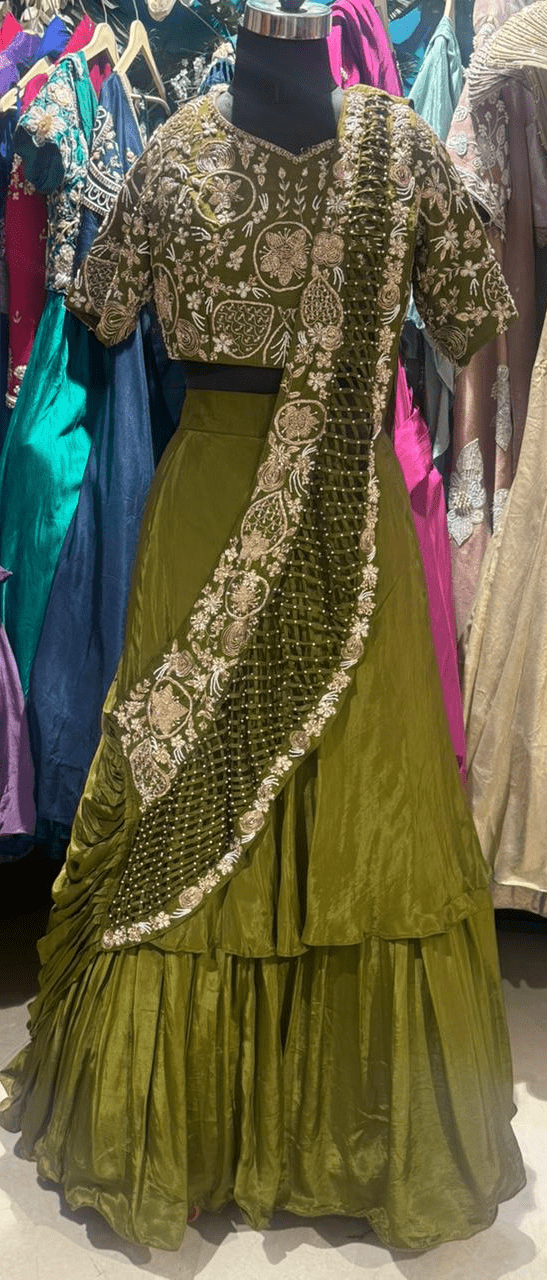 Hand Embroidered Olive Green Lehenga Set with Dupatta - Image 2