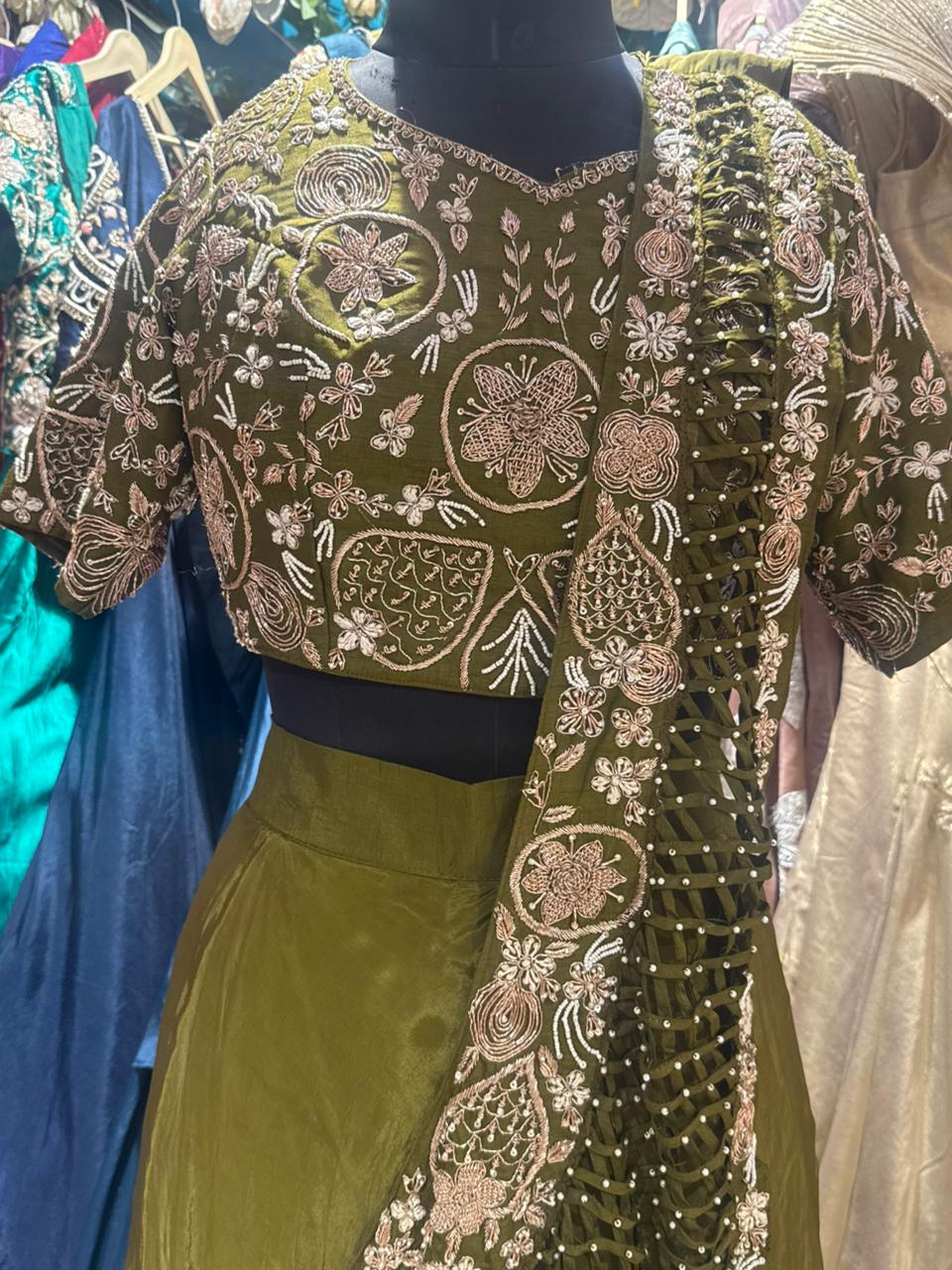 Hand Embroidered Olive Green Lehenga Set with Dupatta - Image 4