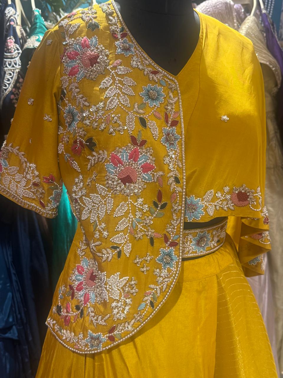 Mustard Yellow Embroidered Jacket Lehenga Set - Image 3