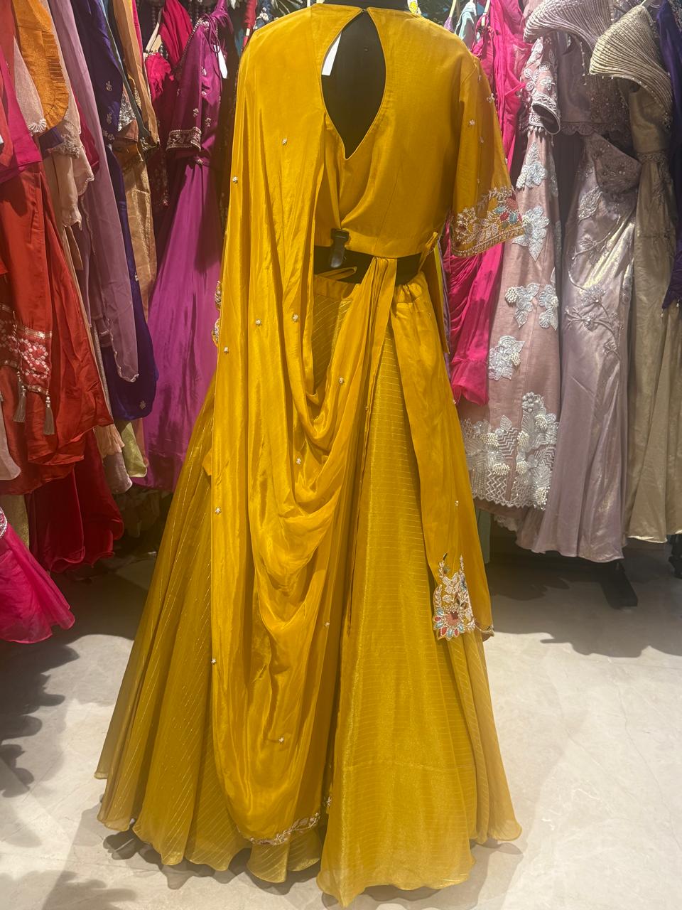 Mustard Yellow Embroidered Jacket Lehenga Set - Image 4