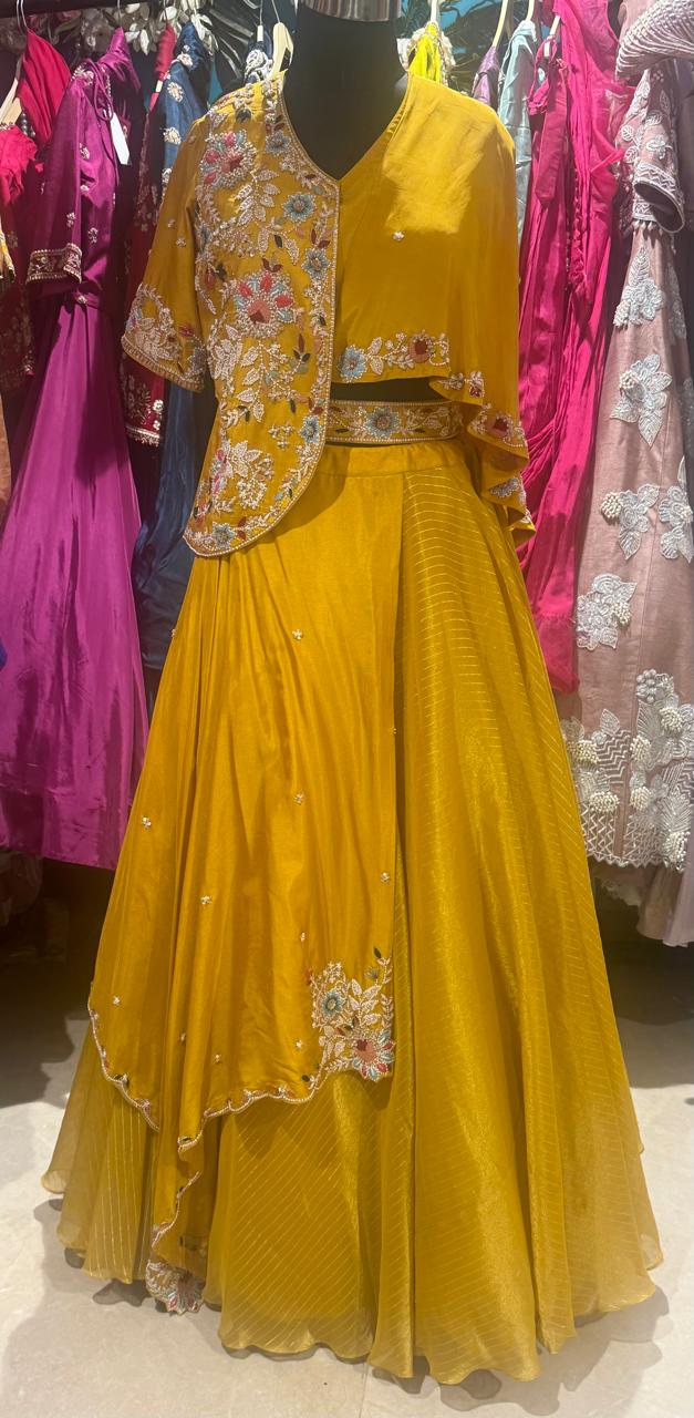 Mustard Yellow Embroidered Jacket Lehenga Set - Image 2
