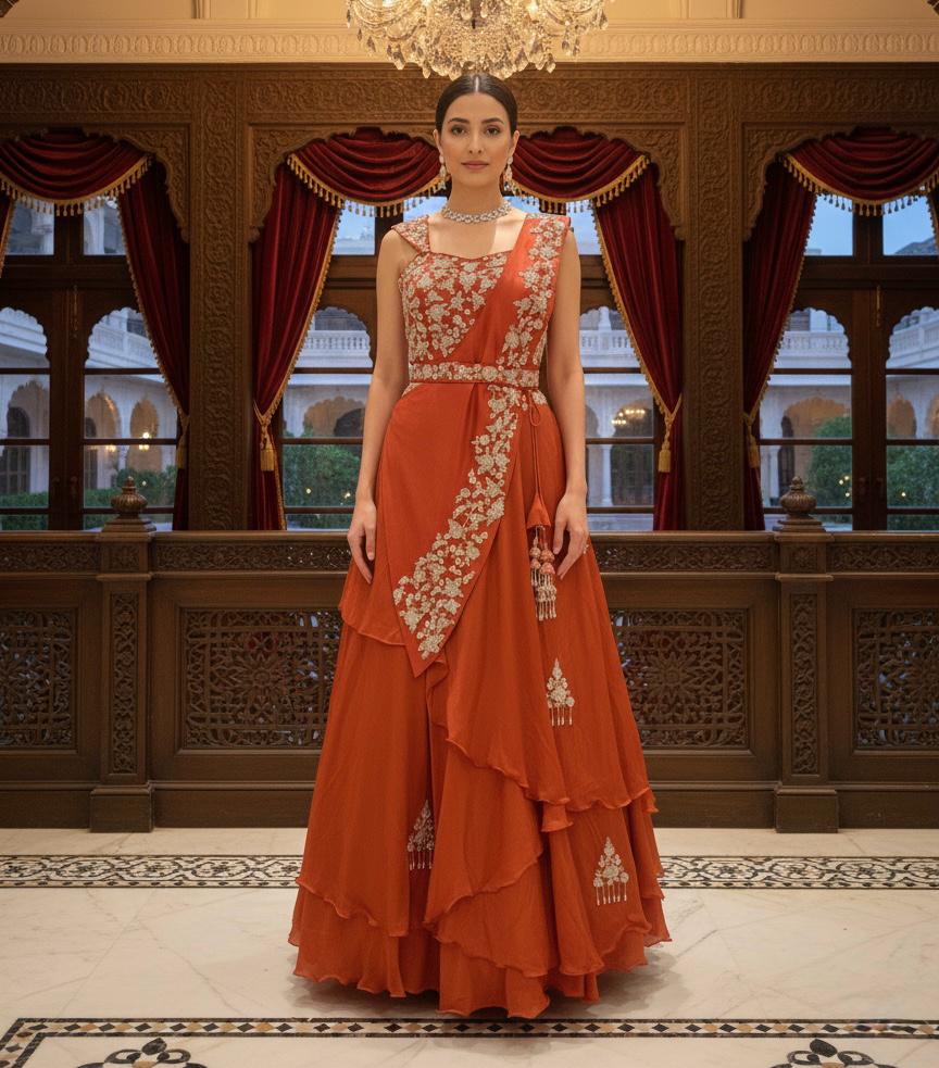 Rust Orange Hand-Embroidered Layered Lehenga Saree Set