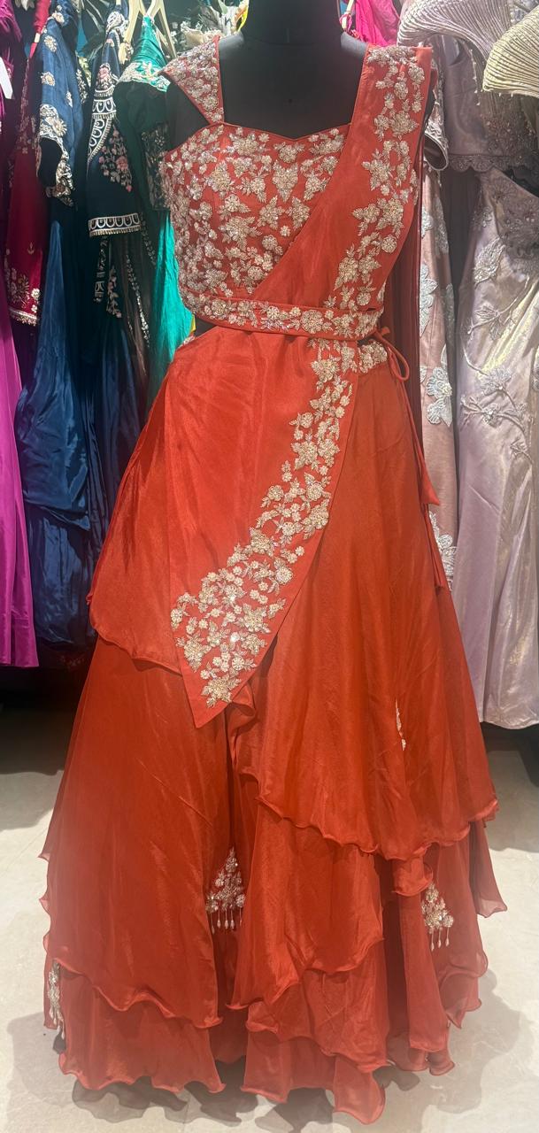 Rust Orange Hand-Embroidered Layered Lehenga Saree Set - Image 3