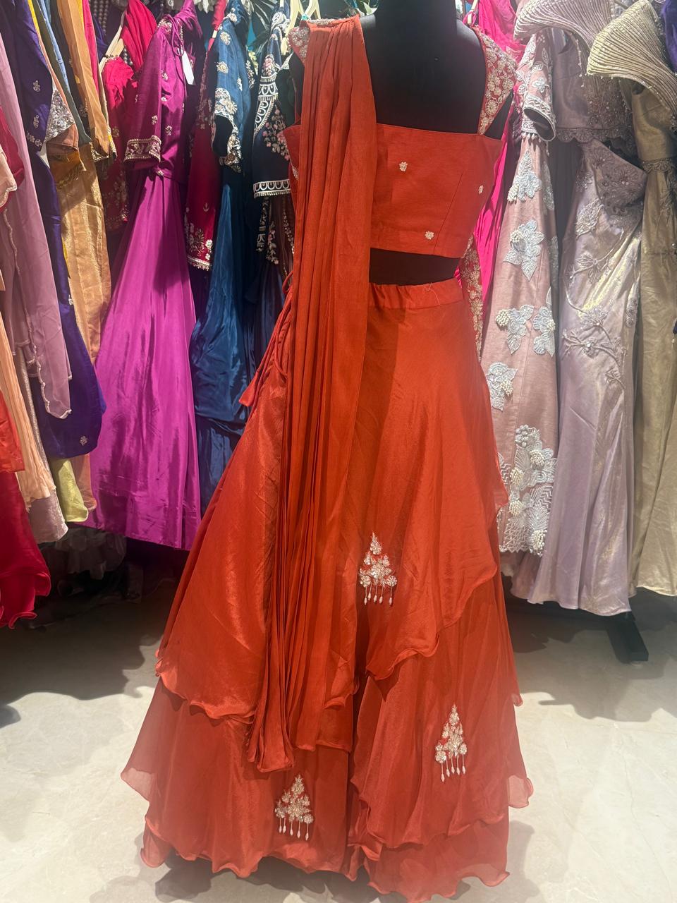 Rust Orange Hand-Embroidered Layered Lehenga Saree Set - Image 4