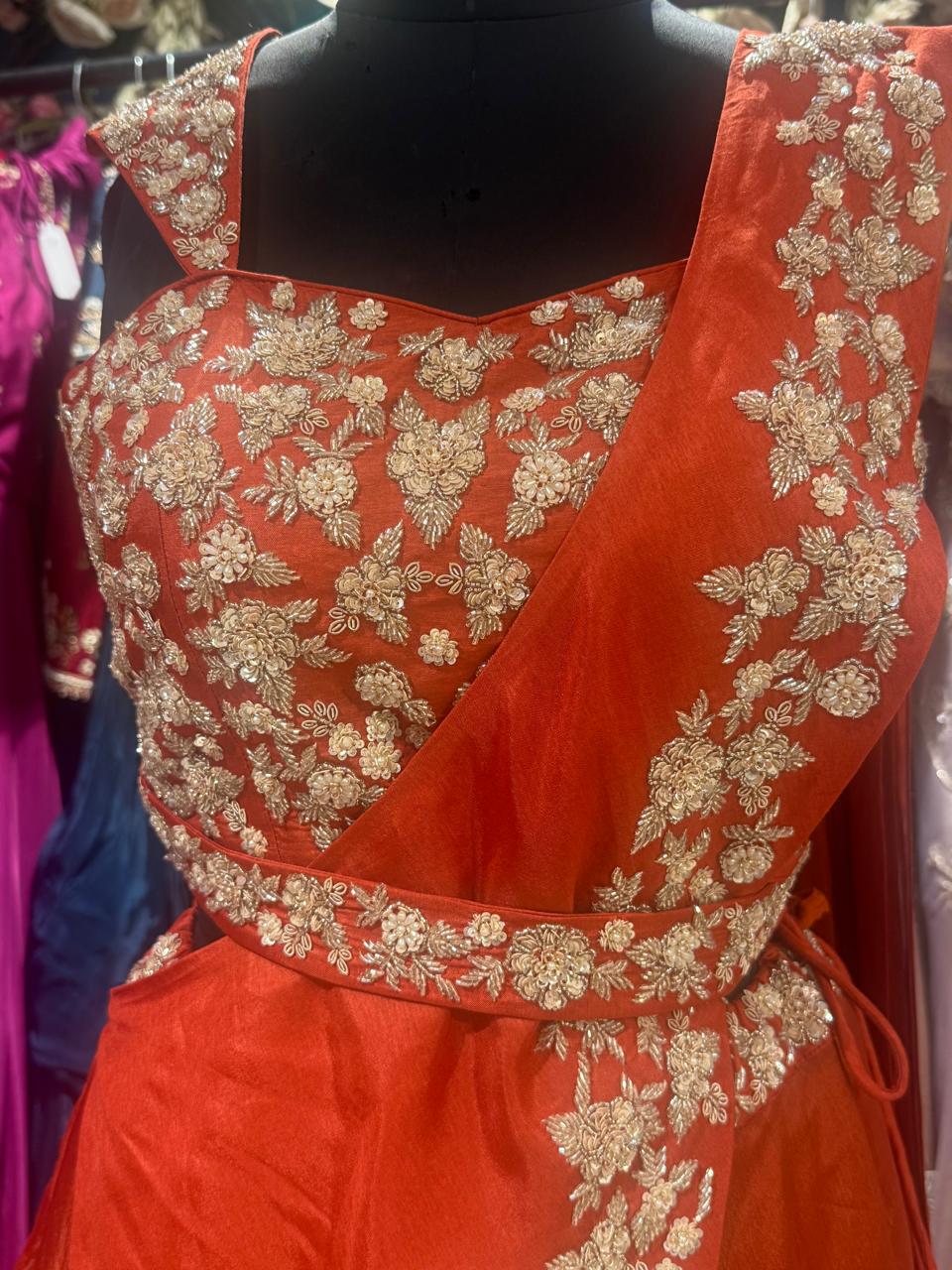 Rust Orange Hand-Embroidered Layered Lehenga Saree Set - Image 2