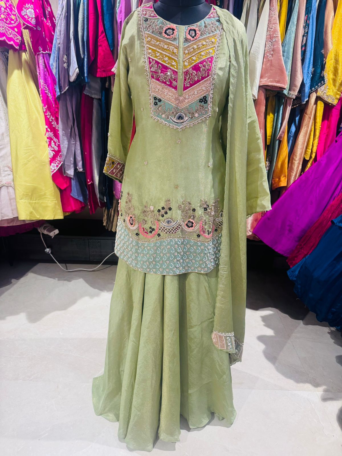Pistachio Royale Hand-Embroidered Sharara Set - Image 2