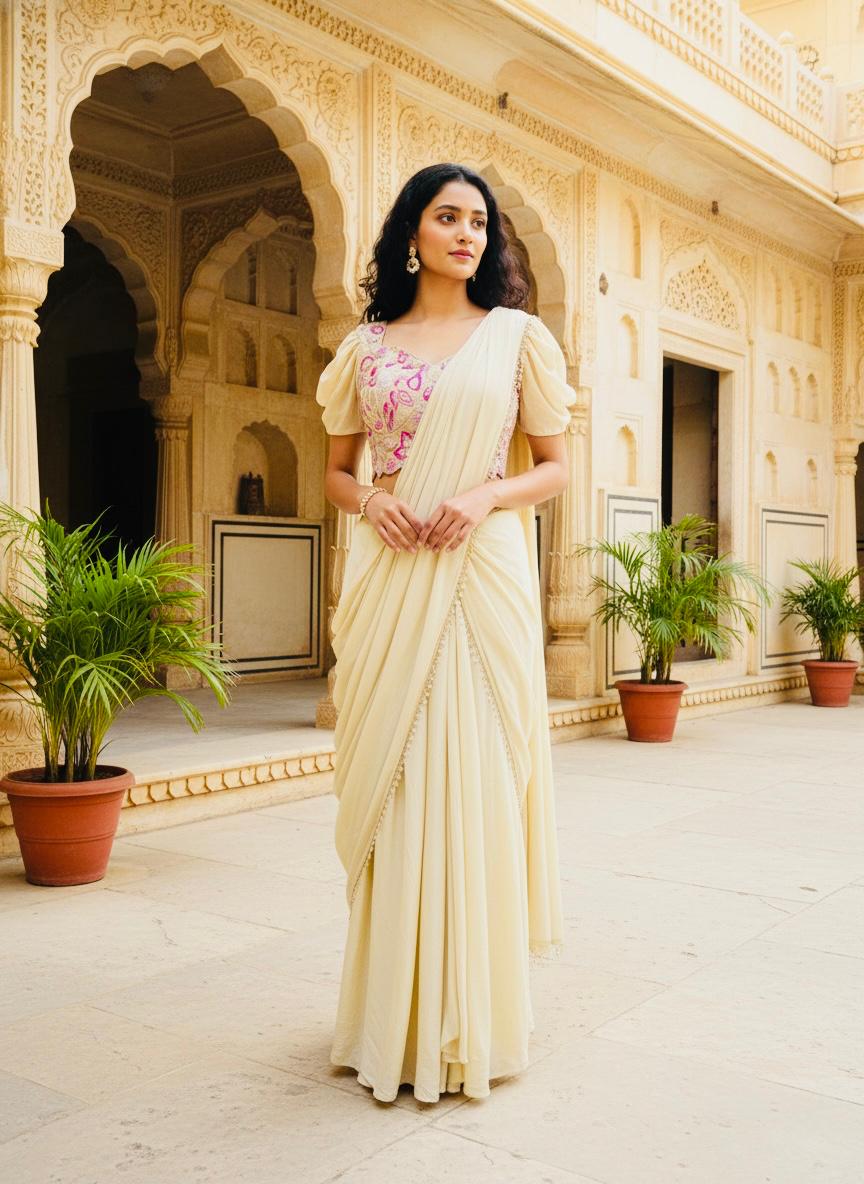 Ivory Gulbahar Hand-Embroidered Saree Set