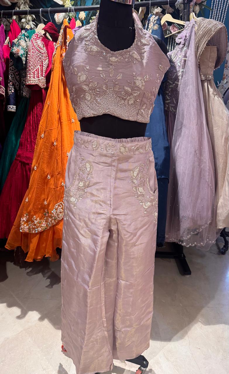 Golden Dune Hand-Embroidered Crop Top & Palazzo Set - Image 3