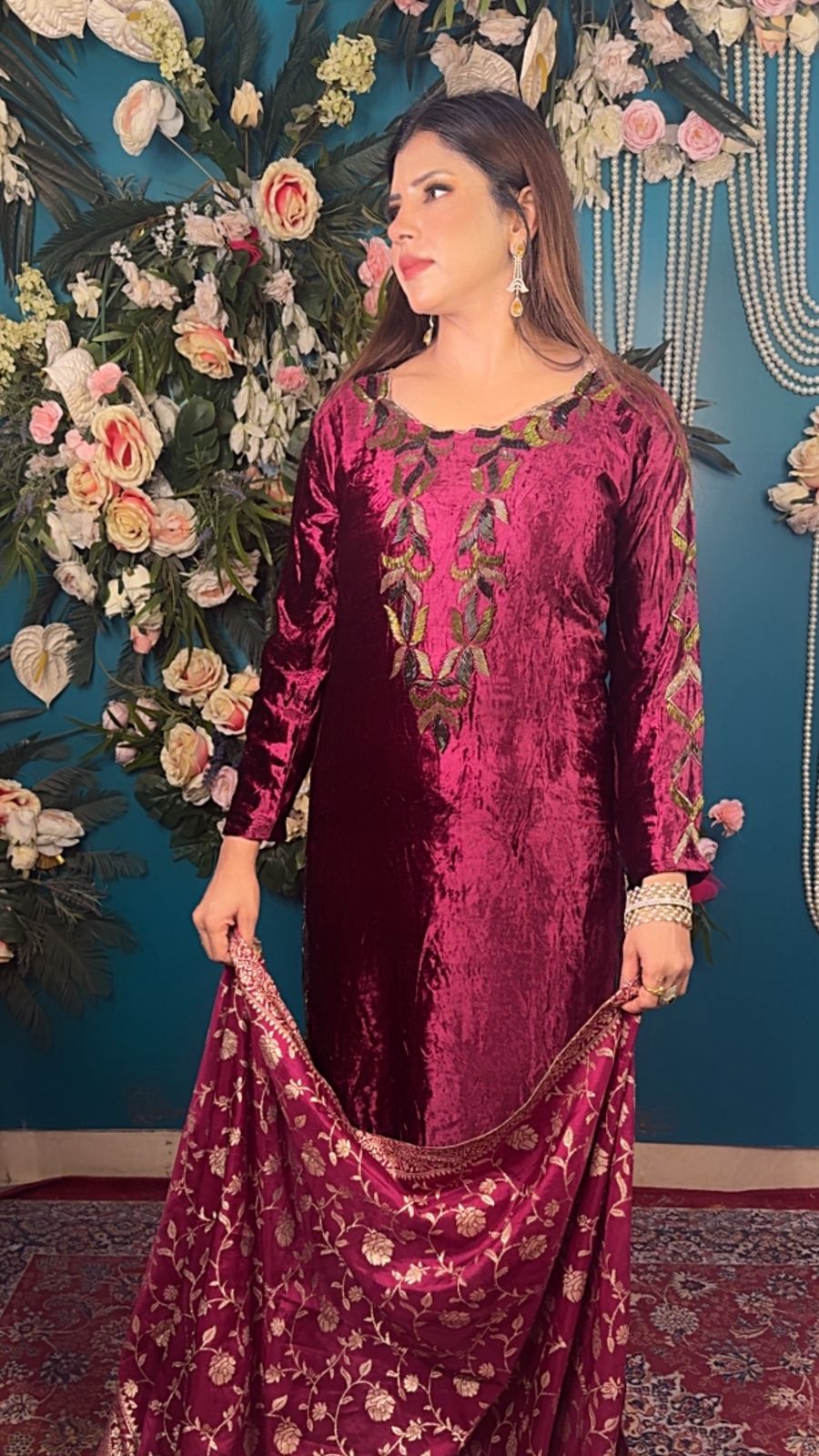 Royal Wine Velvet Hand-Embroidered Suit Set - Image 4