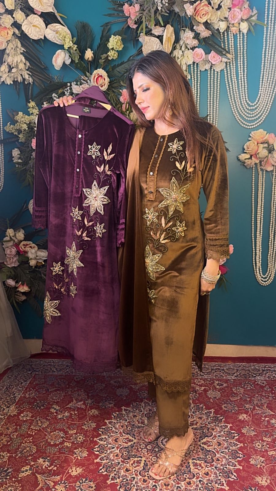 Olive Gold Velvet Hand-Embroidered Suit Set - Image 3