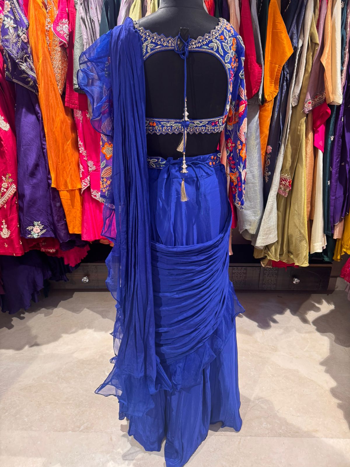 Royal Sapphire Embroidered Saree Lehenga Set - Image 4