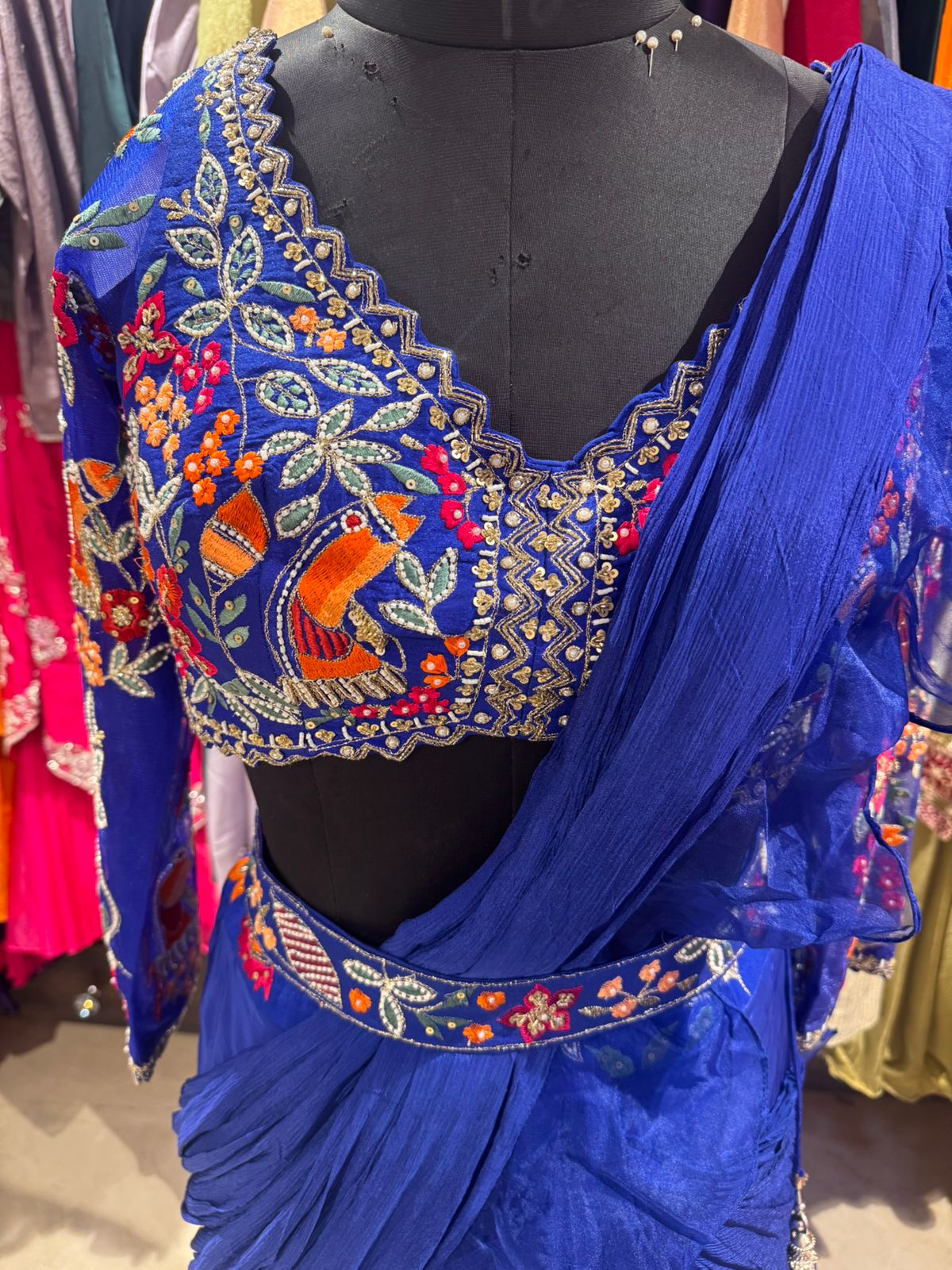 Royal Sapphire Embroidered Saree Lehenga Set - Image 3