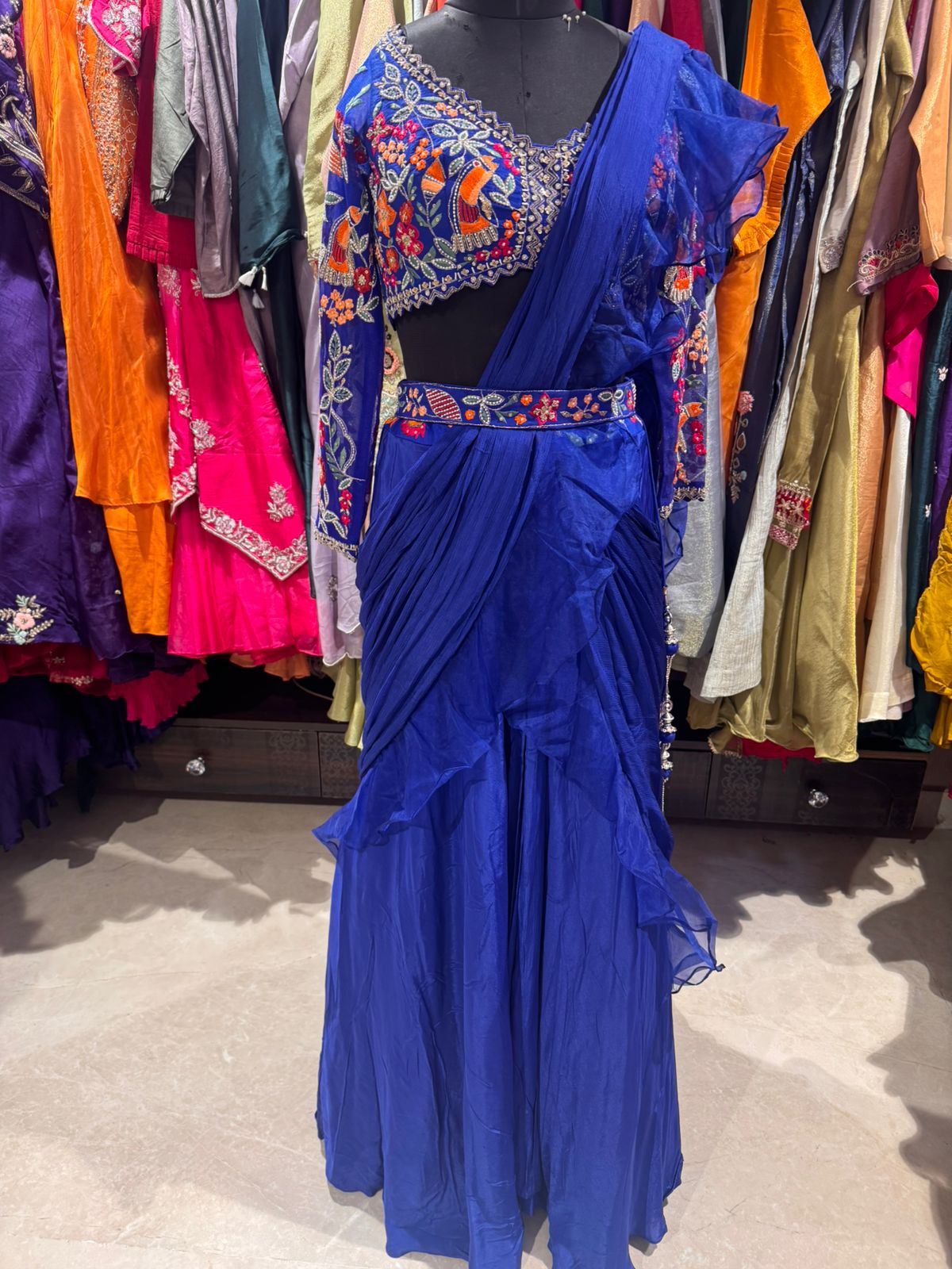 Royal Sapphire Embroidered Saree Lehenga Set - Image 2