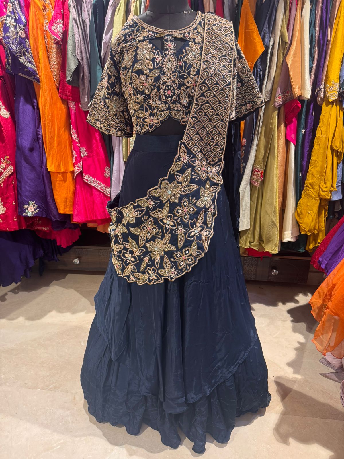 Midnight Blue Heritage Hand-Embroidered Lehenga Set - Image 2