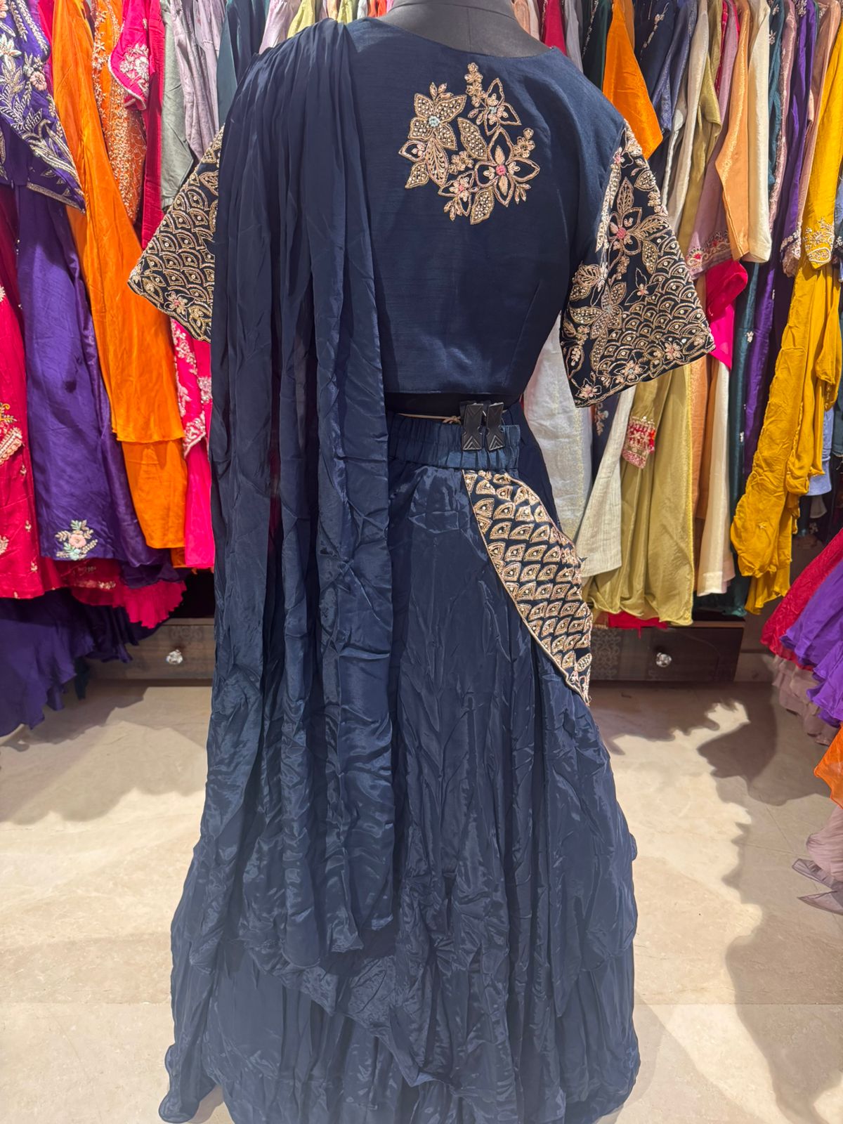 Midnight Blue Heritage Hand-Embroidered Lehenga Set - Image 3
