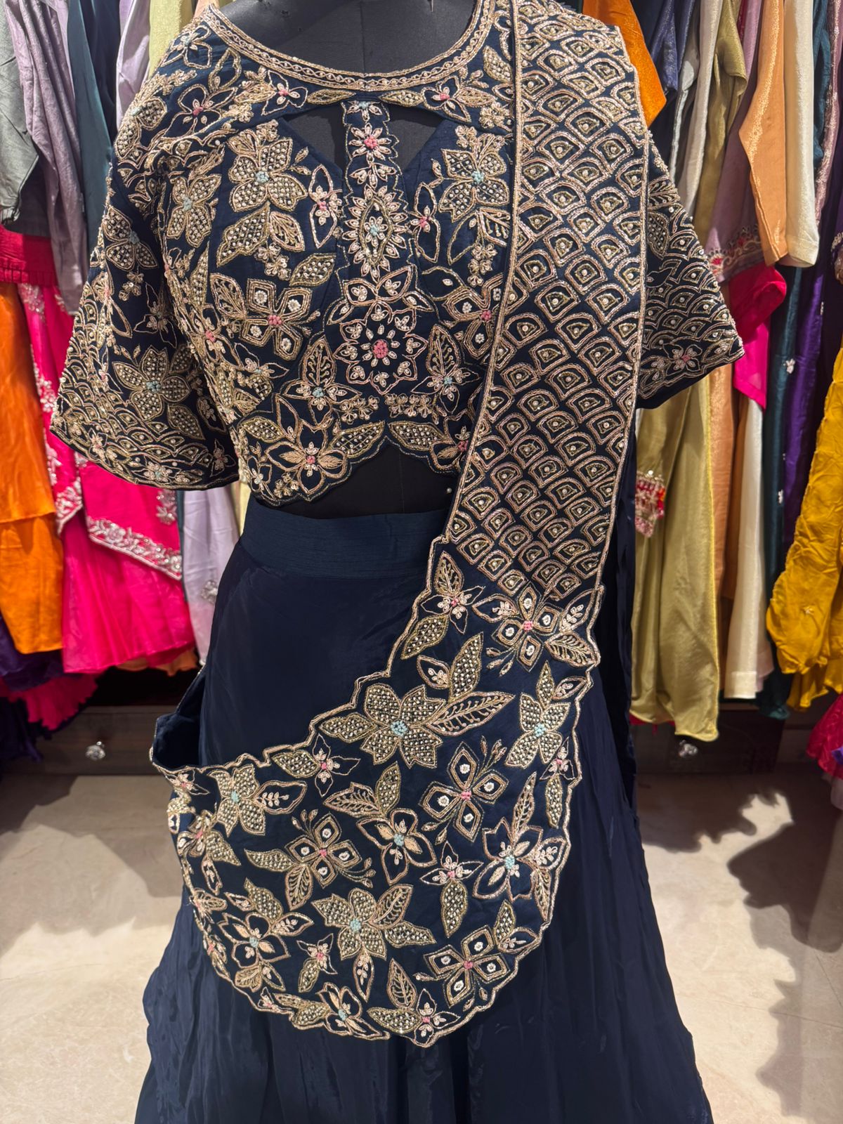 Midnight Blue Heritage Hand-Embroidered Lehenga Set - Image 4