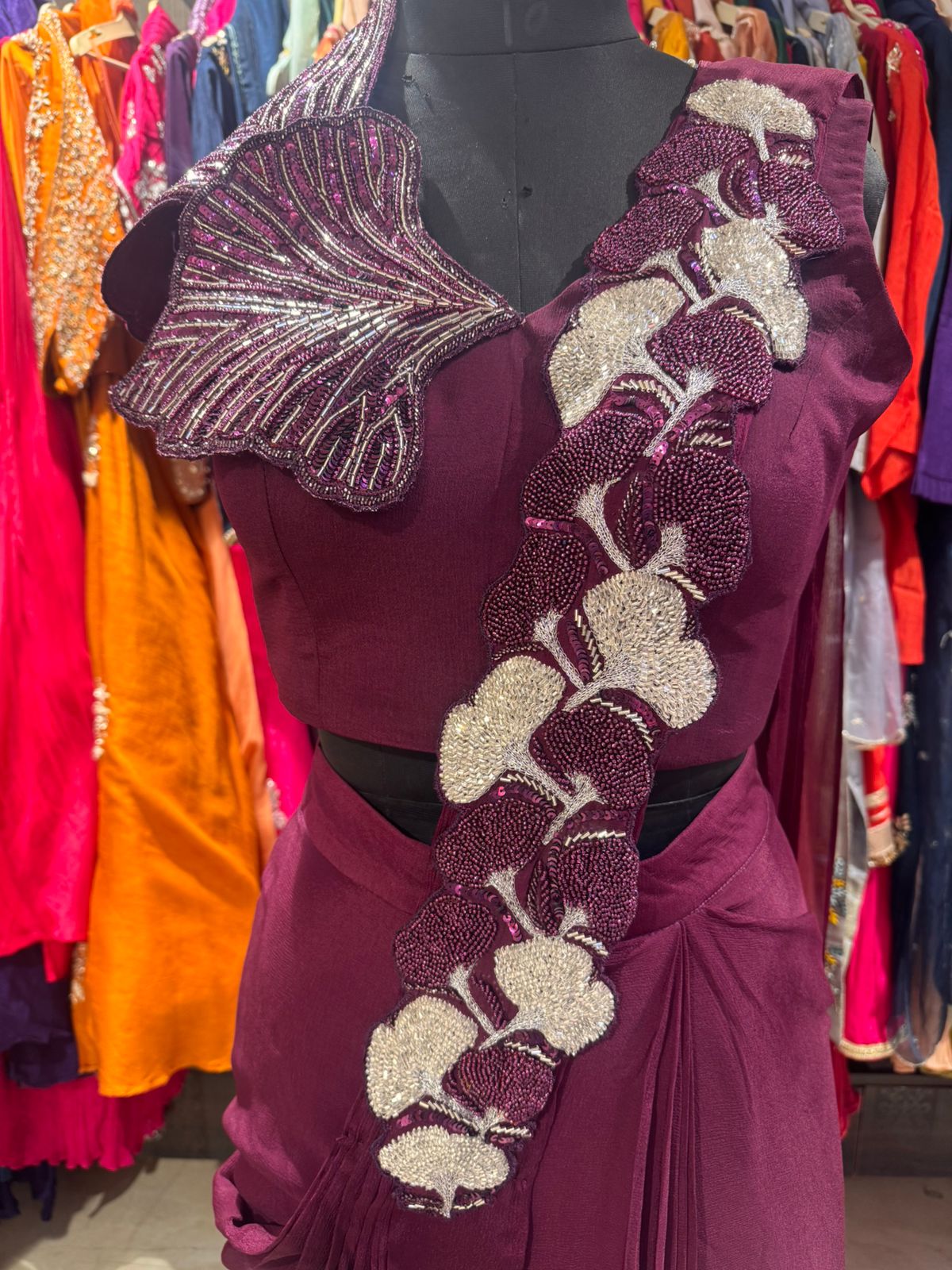 Wine Plum Sculpted Drape Saree - Image 2