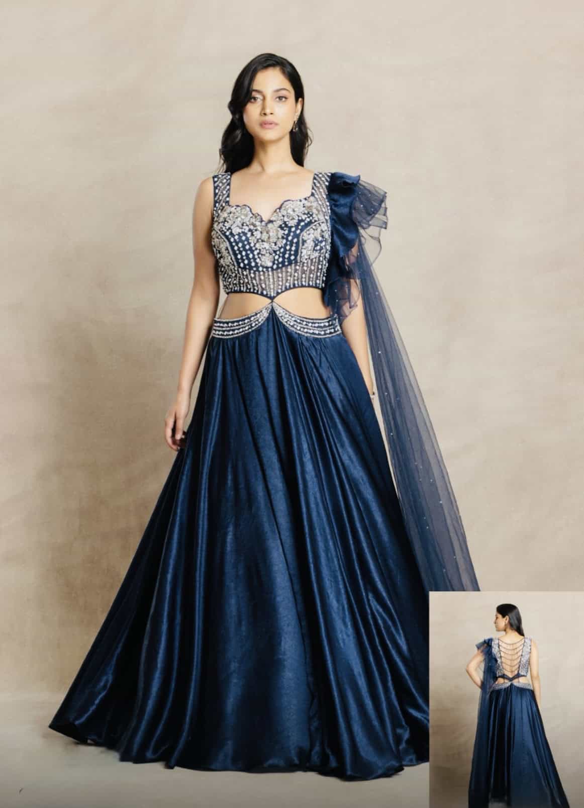 Midnight Blue Crystal Draped Lehenga Gown