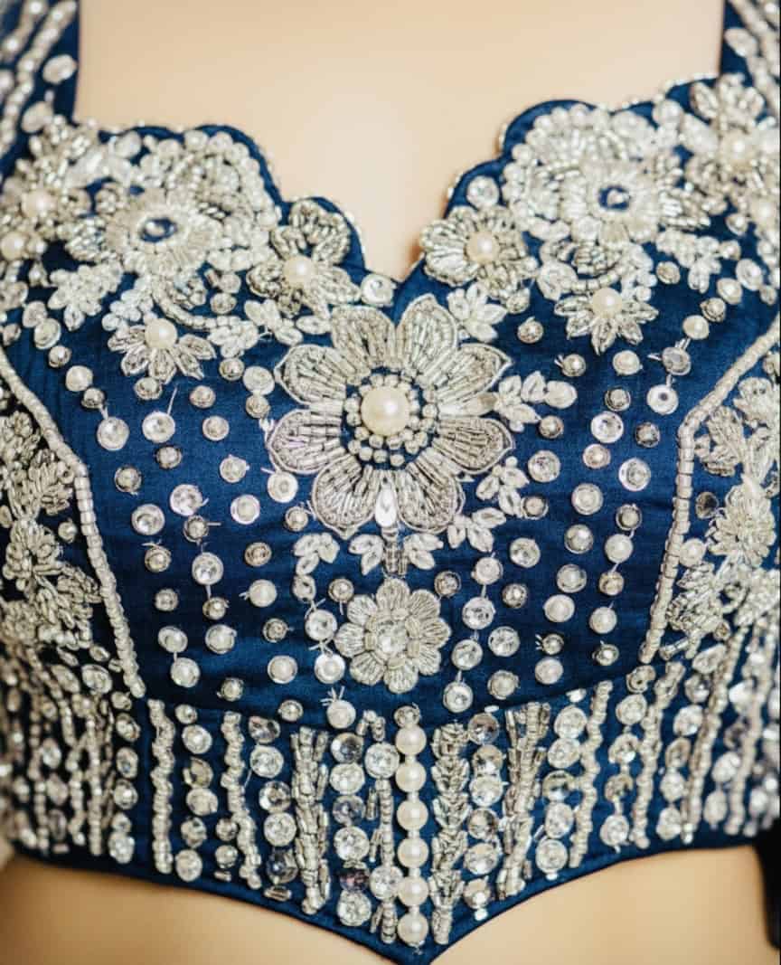 Midnight Blue Crystal Draped Lehenga Gown - Image 2