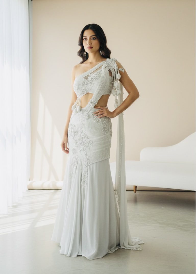 Ivory Pearl One-Shoulder Draped Saree Gown