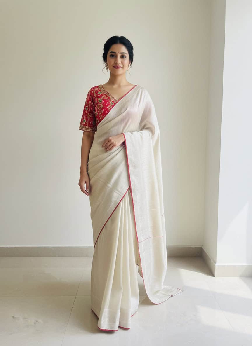 Ivory Cotton Silk Saree with Red Embroidered Blouse