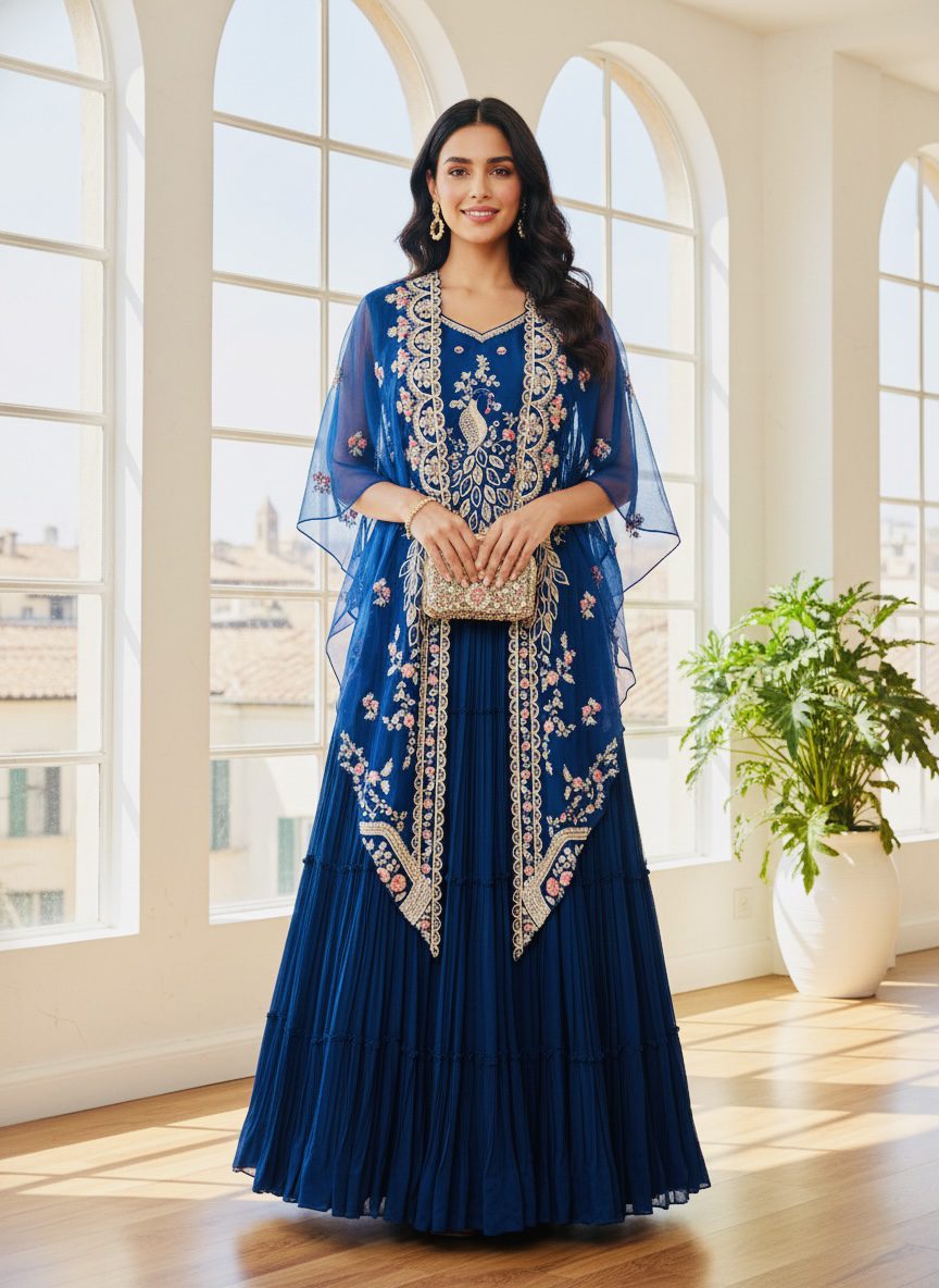 Royal Blue Embroidered Anarkali Gown