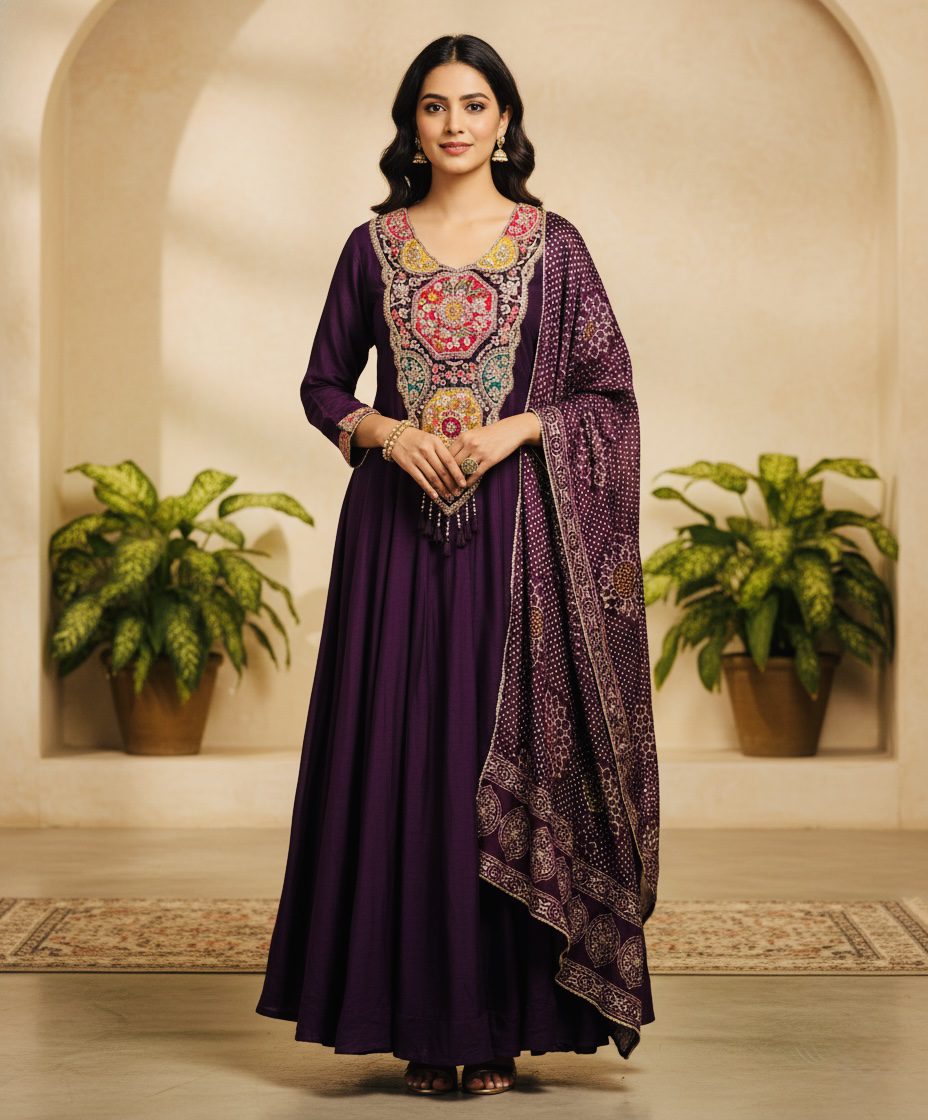 Royal Wine Embroidered Anarkali Suit Set