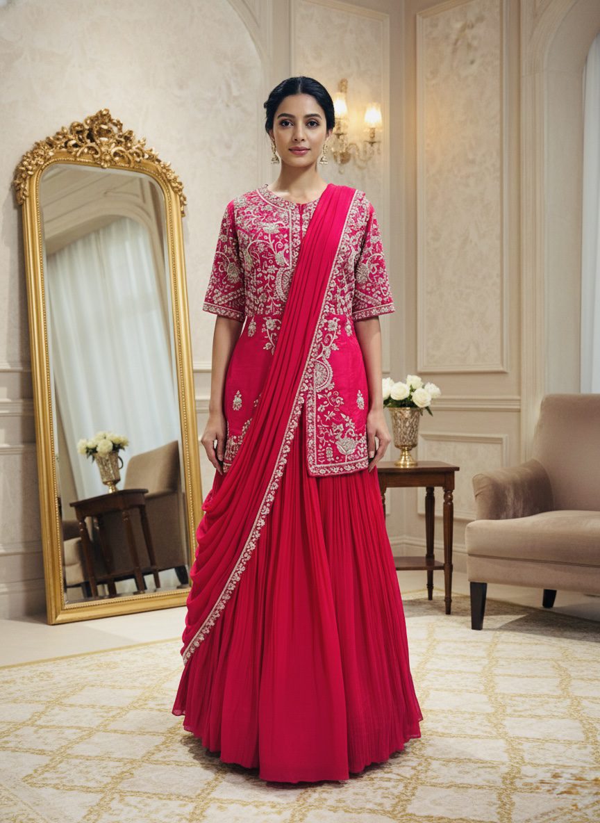 Rani Pink Embroidered Jacket Sharara Set