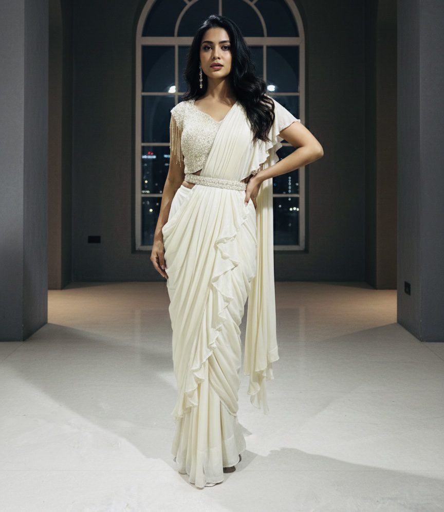 Ivory Cascade Draped Saree Gown