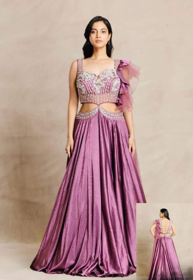 Midnight Blue Crystal Draped Lehenga Gown - Image 3