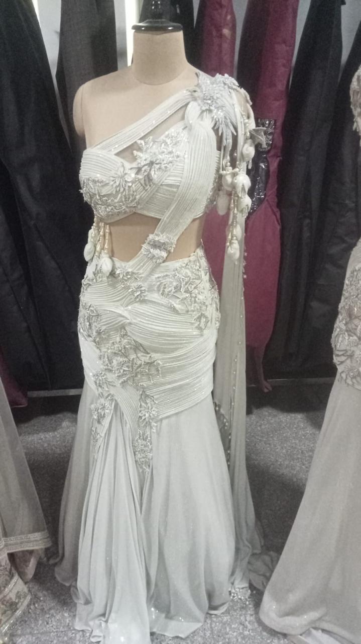 Ivory Pearl One-Shoulder Draped Saree Gown - Image 2