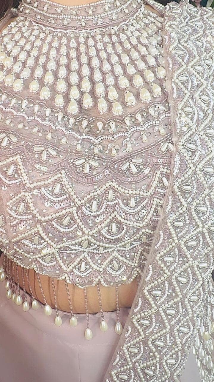 Blush Pink Pearl Ruffle Saree Gown - Image 3