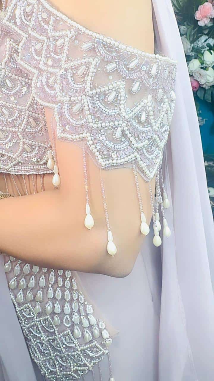 Blush Pink Pearl Ruffle Saree Gown - Image 2