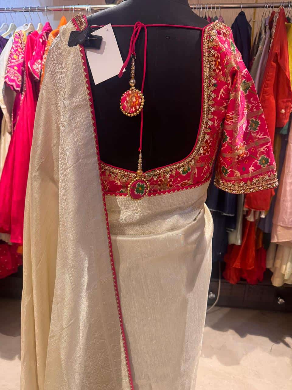 Ivory Cotton Silk Saree with Red Embroidered Blouse - Image 4
