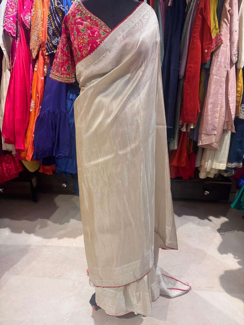 Ivory Cotton Silk Saree with Red Embroidered Blouse - Image 2