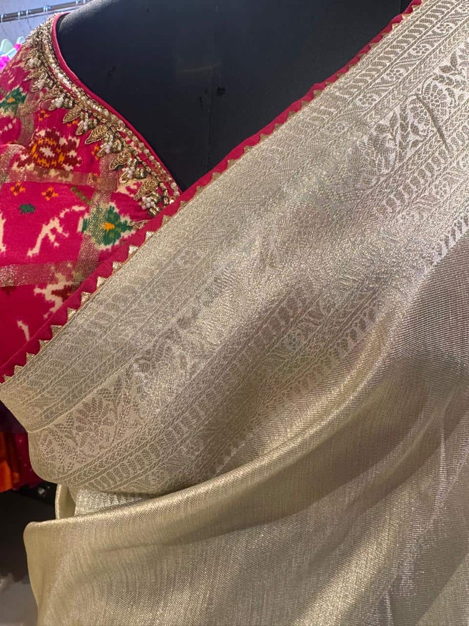 Ivory Cotton Silk Saree with Red Embroidered Blouse - Image 3