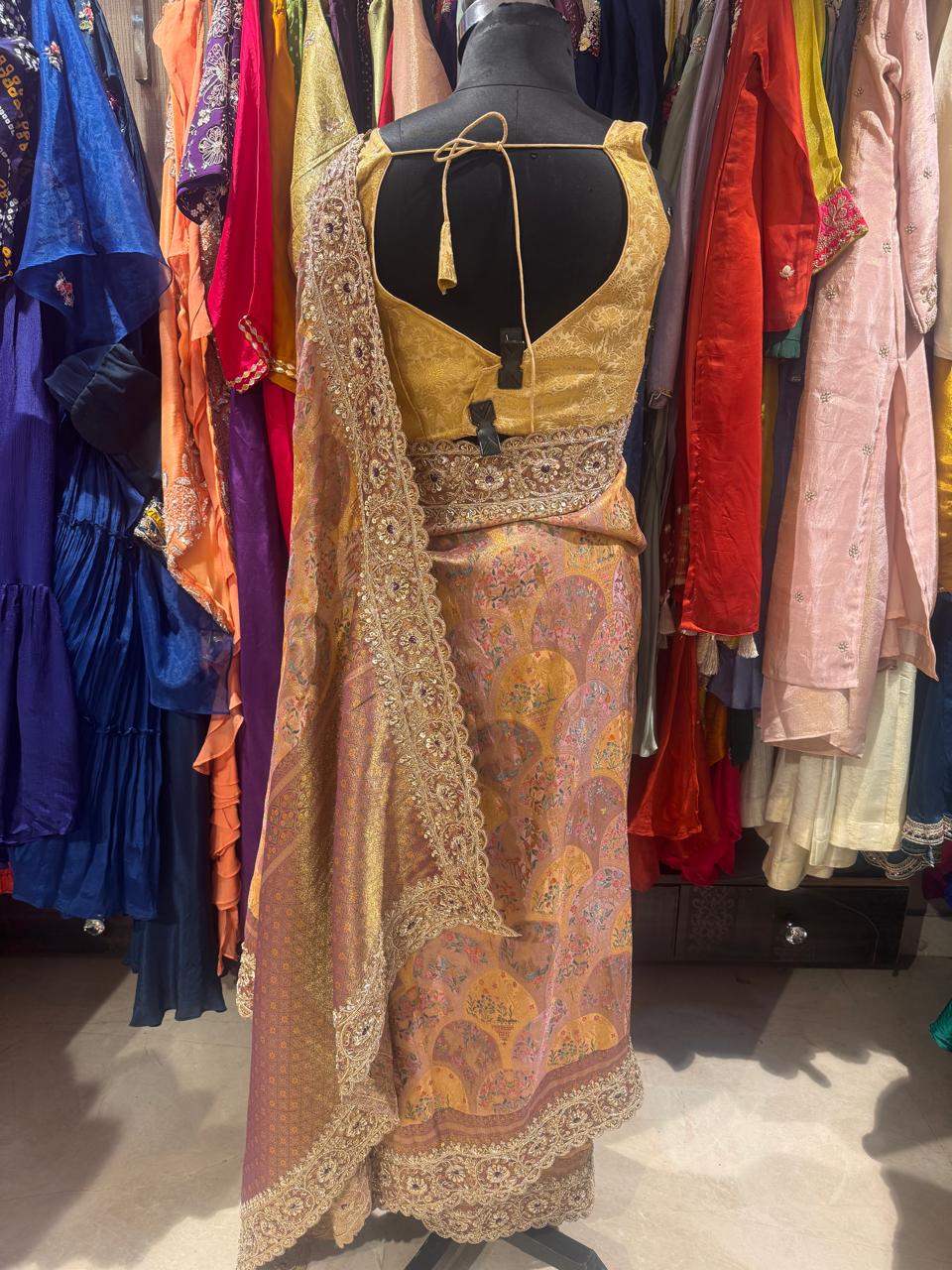 Gold Silk Saree with Intricate Lace Border - Image 4